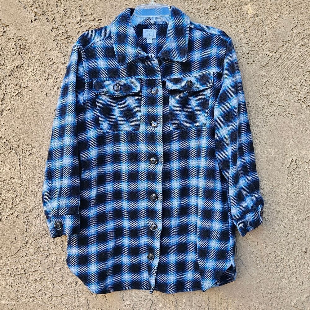 Time and Tru Blue and Black Plaid Shacket Size M